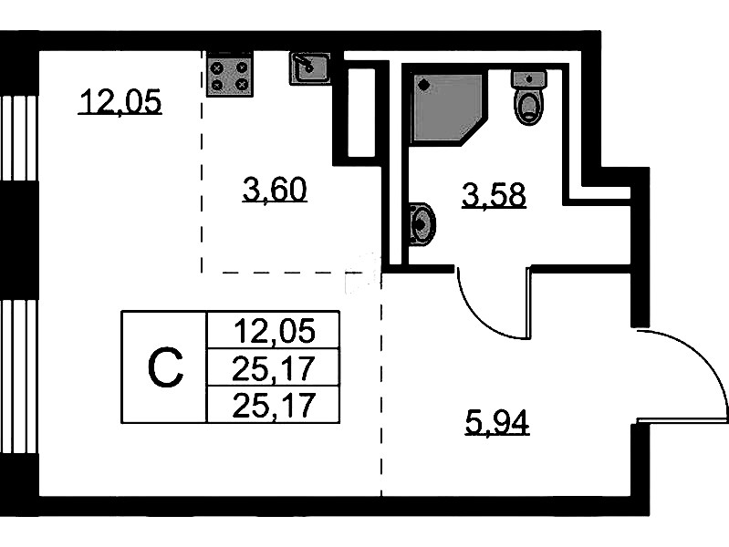 Квартира студия 25.17 м², 4/9 эт., ЖК «Квартал Лаголово»